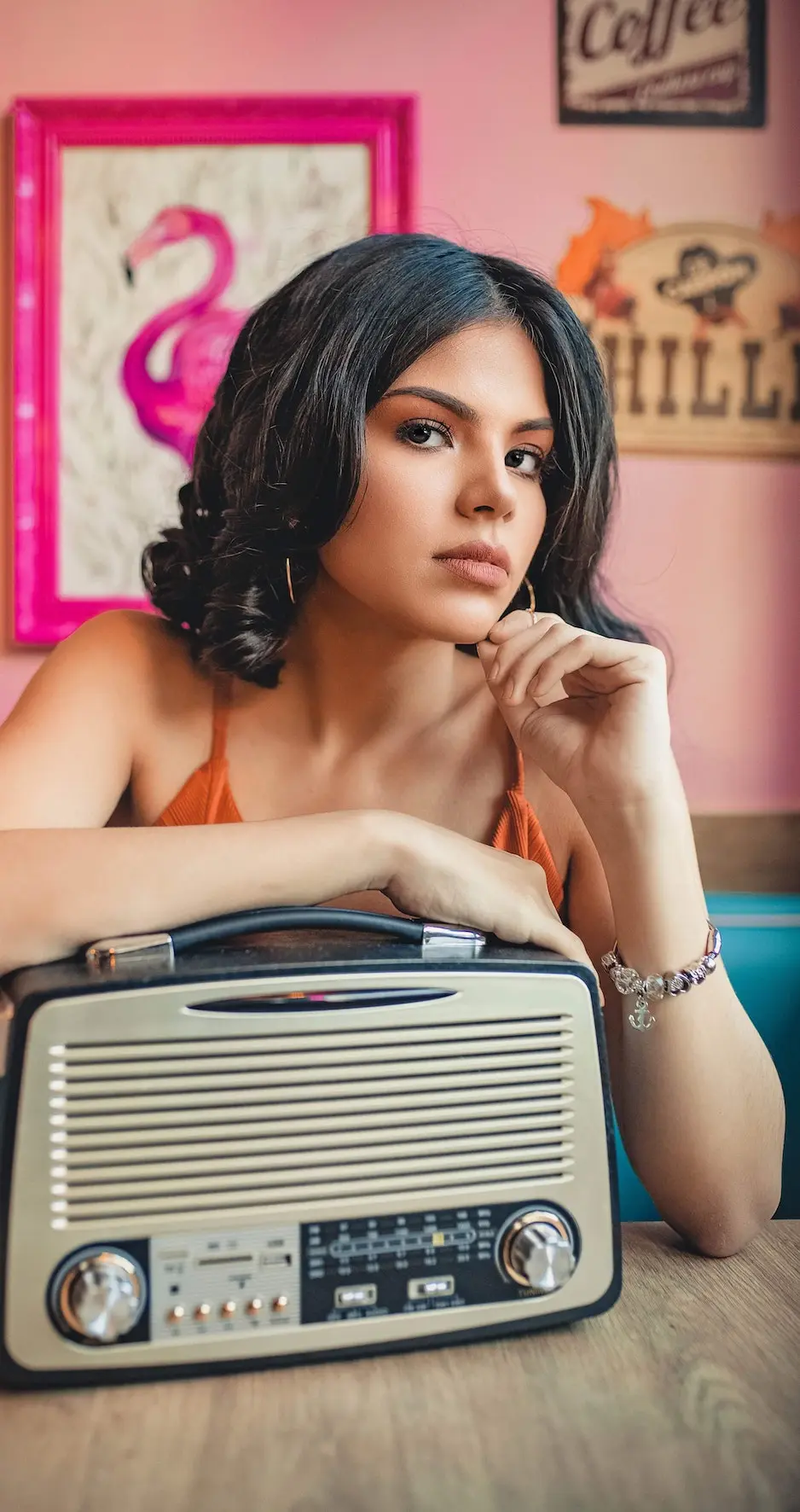 woman with vintage radio